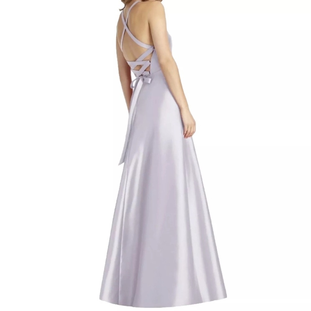 ALFRED SUNG Halter Neck Satin Dress D763 Moondance Crisscross Gown Sz 8 NWT 220 - Picture 2 of 13